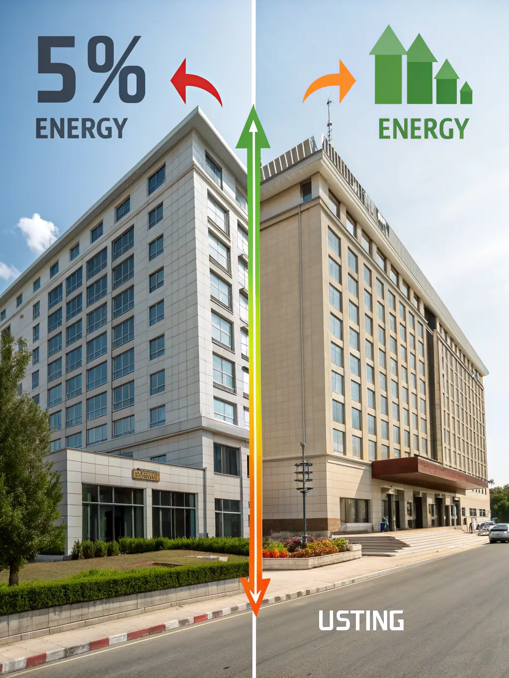 A before-and-after comparison graphic showing the energy consumption of a hotel before and after installing Hotel Heat Pump Solutions' system.