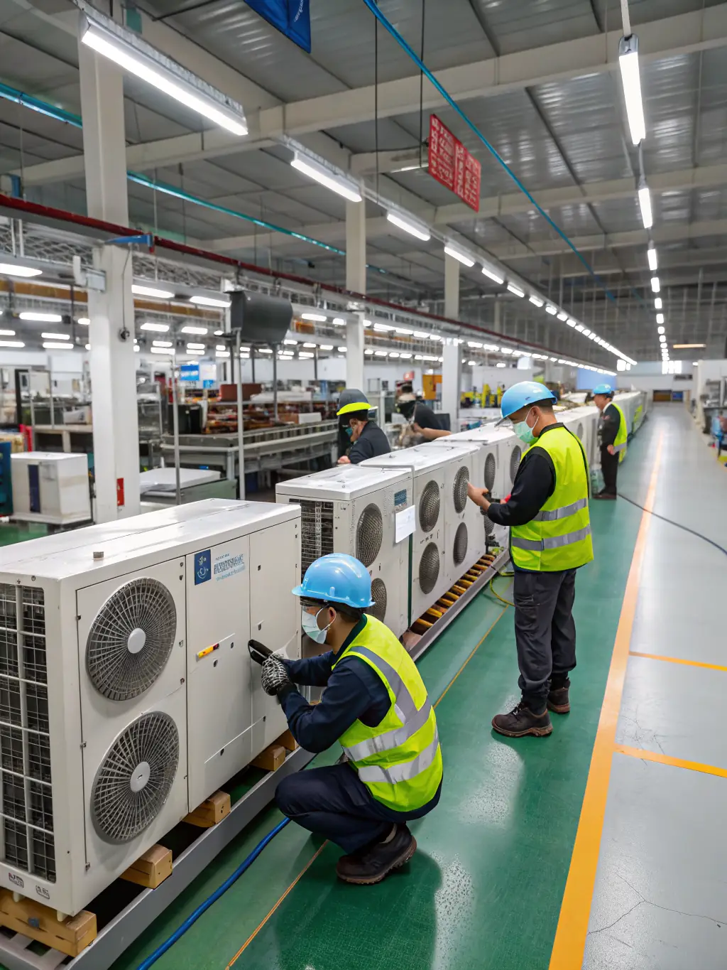 A photograph of the Hotel Heat Pump Solutions manufacturing facility in Foshan, China, showing the production line with heat pump units being assembled.