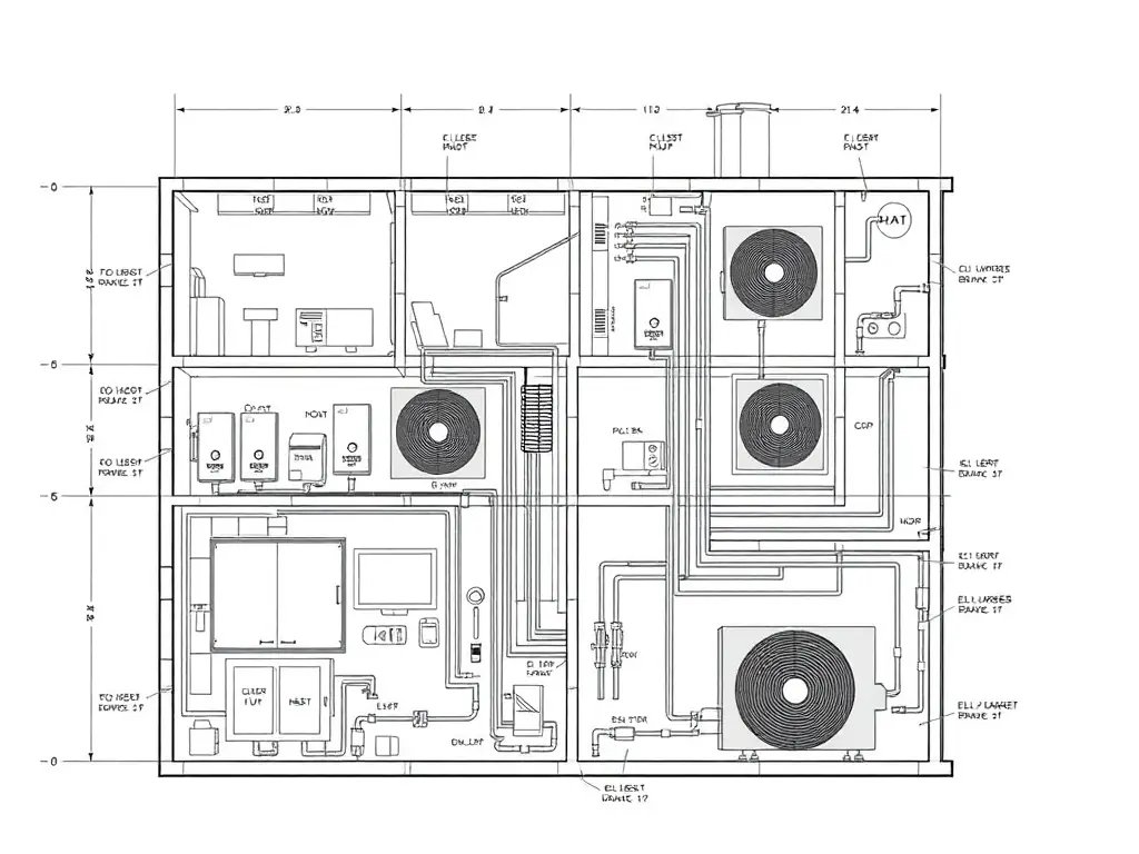 A detailed architectural drawing of a hotel's hot water system design, showcasing the integration of heat pump technology with the building's infrastructure. The drawing highlights key components and their placement within the hotel's layout.