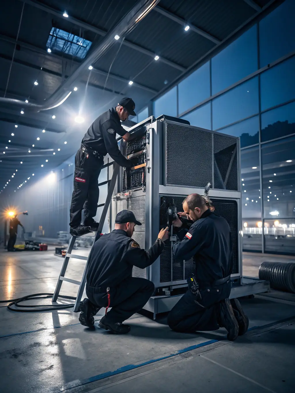 A team of Hotel Heat Pump Solutions technicians installing a heat pump system at a hotel in Southeast Asia, with the hotel's logo visible in the background.