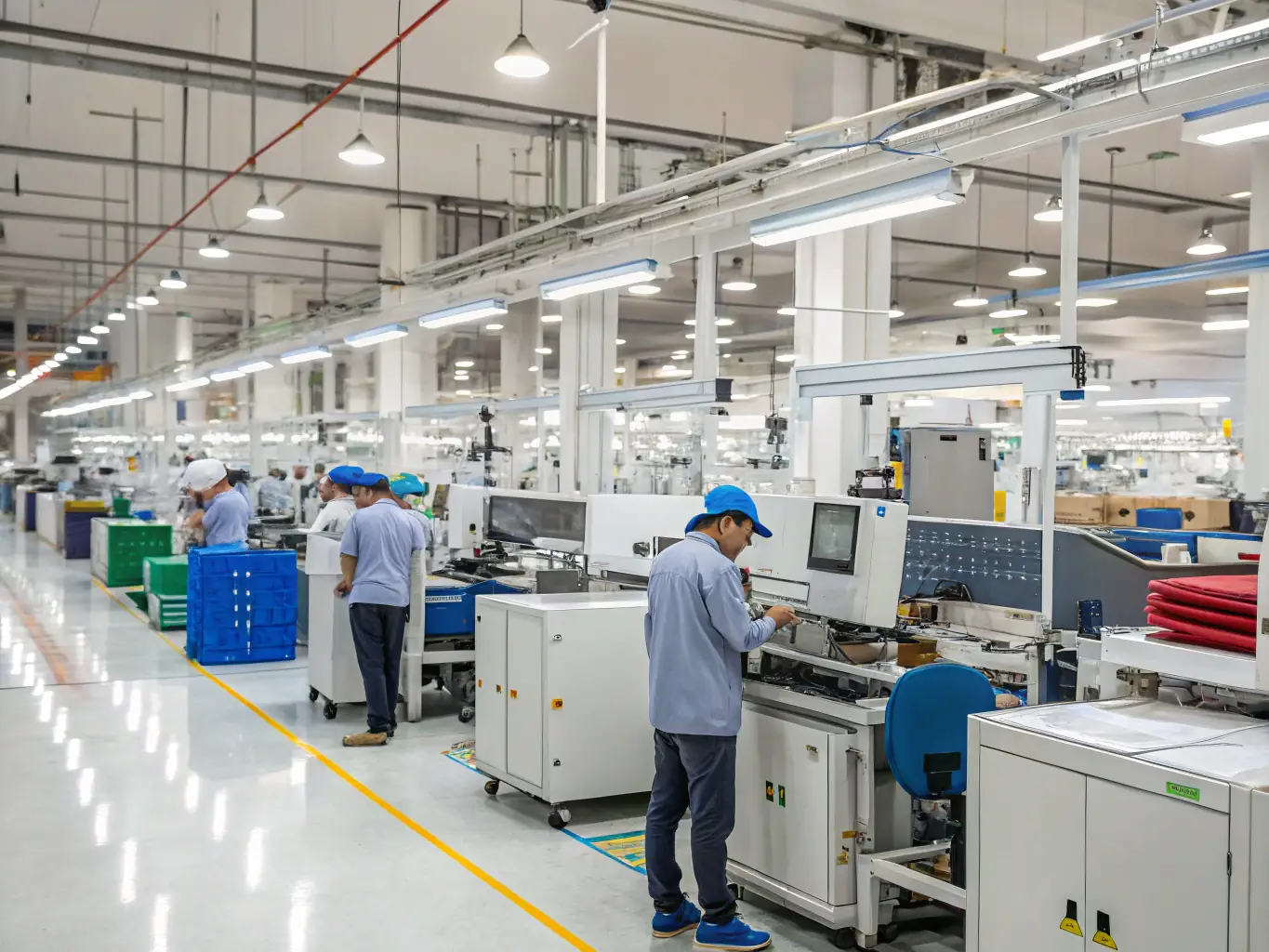 A photograph of the Hotel Heat Pump Solutions manufacturing facility in Foshan, China, showcasing the production line of commercial air-source heat pump units. The image emphasizes the quality control and precision engineering involved in the manufacturing process.