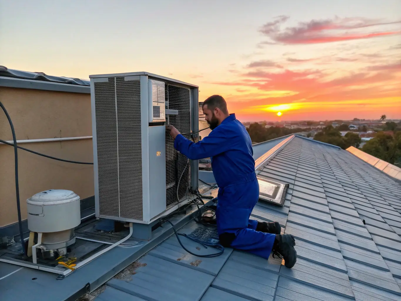 A photograph of Hotel Heat Pump Solutions technicians installing a heat pump system at a hotel in Southeast Asia. The image captures the on-site installation process, showcasing the team's expertise and attention to detail.