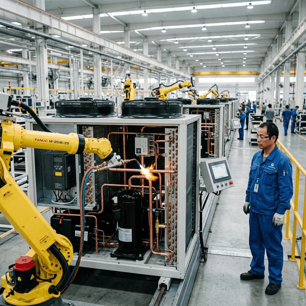 Advanced robotic arms welding copper pipes on automated commercial air to water heat pump production line