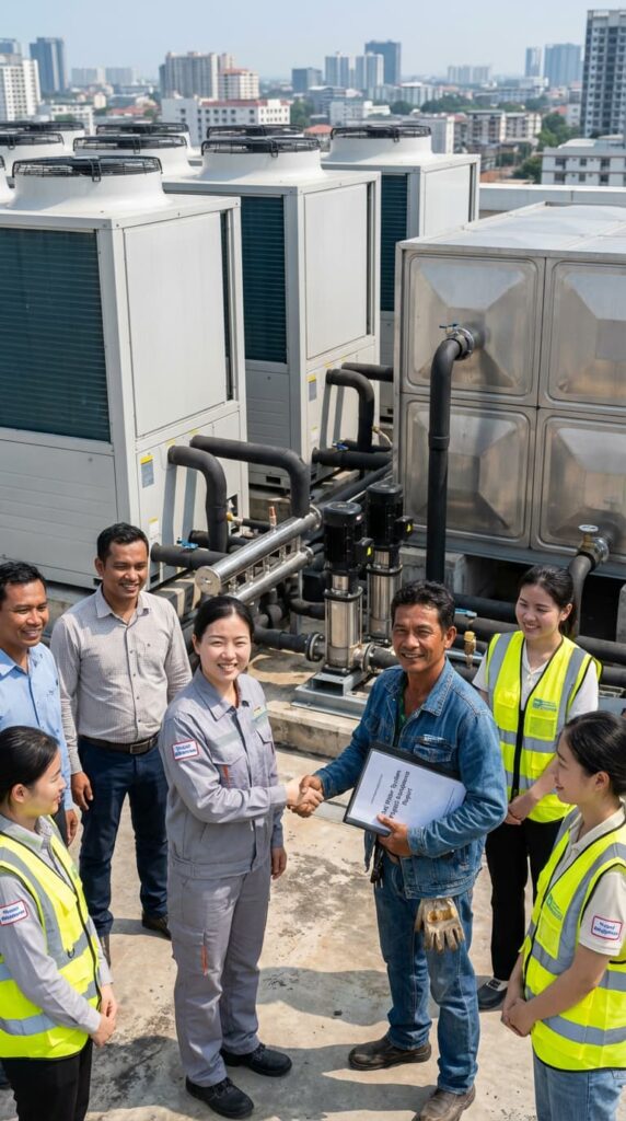 Engineering team shaking hands after successful installation of commercial air to water heat pump system and domestic hot water storage tanks on roof