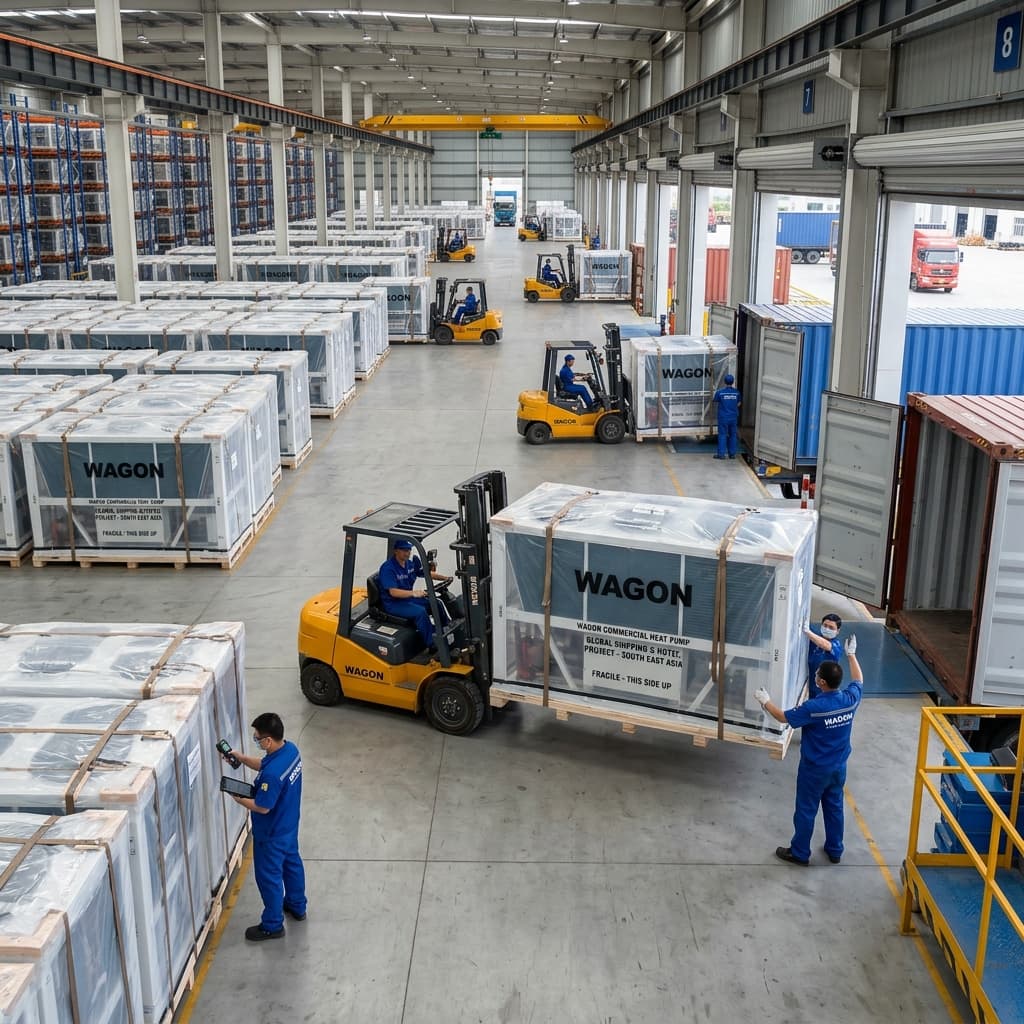 Forklifts moving packaged commercial air to water heat pump units in factory warehouse for global shipping