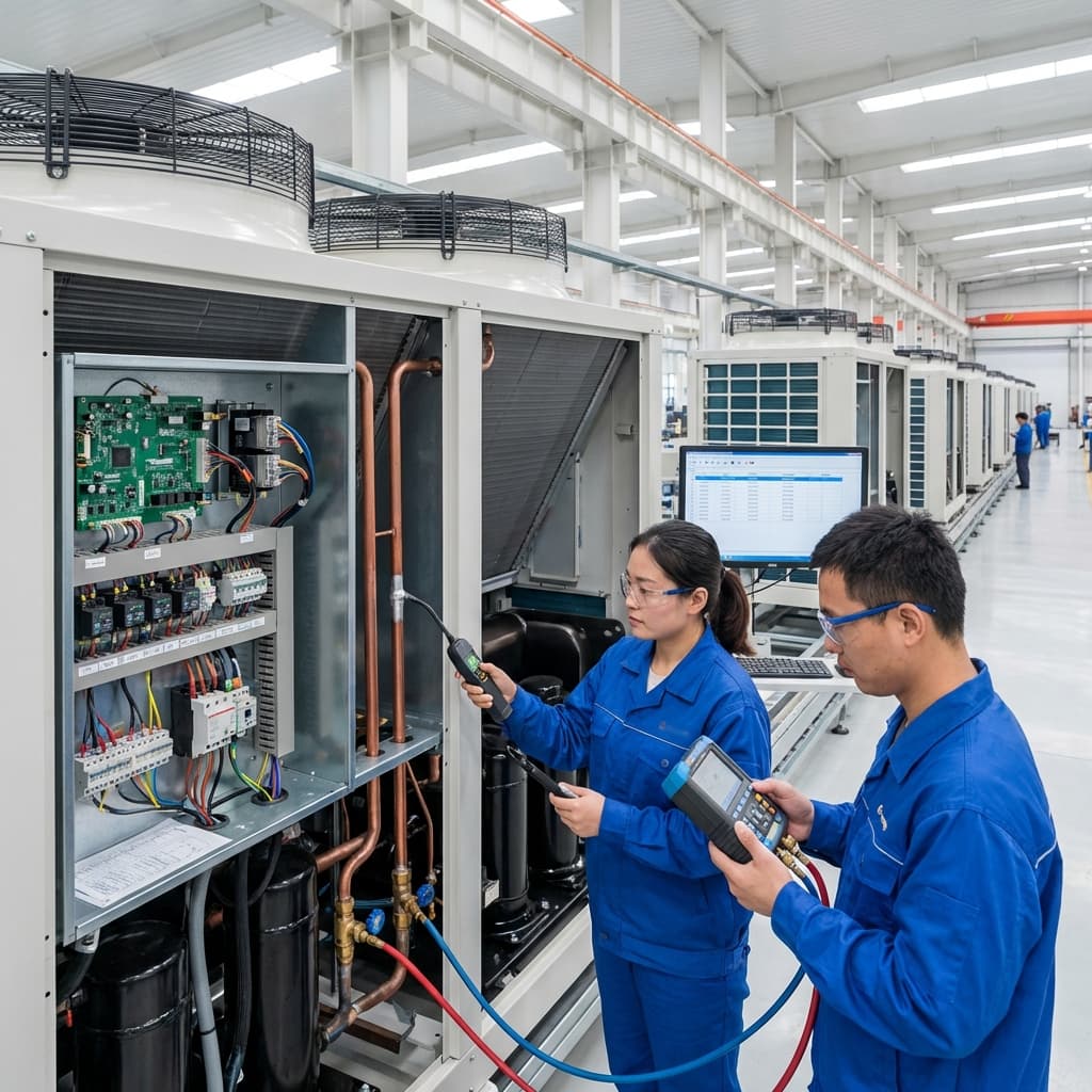 Engineers conducting rigorous inspection on internal components of large commercial air to water heat pump unit