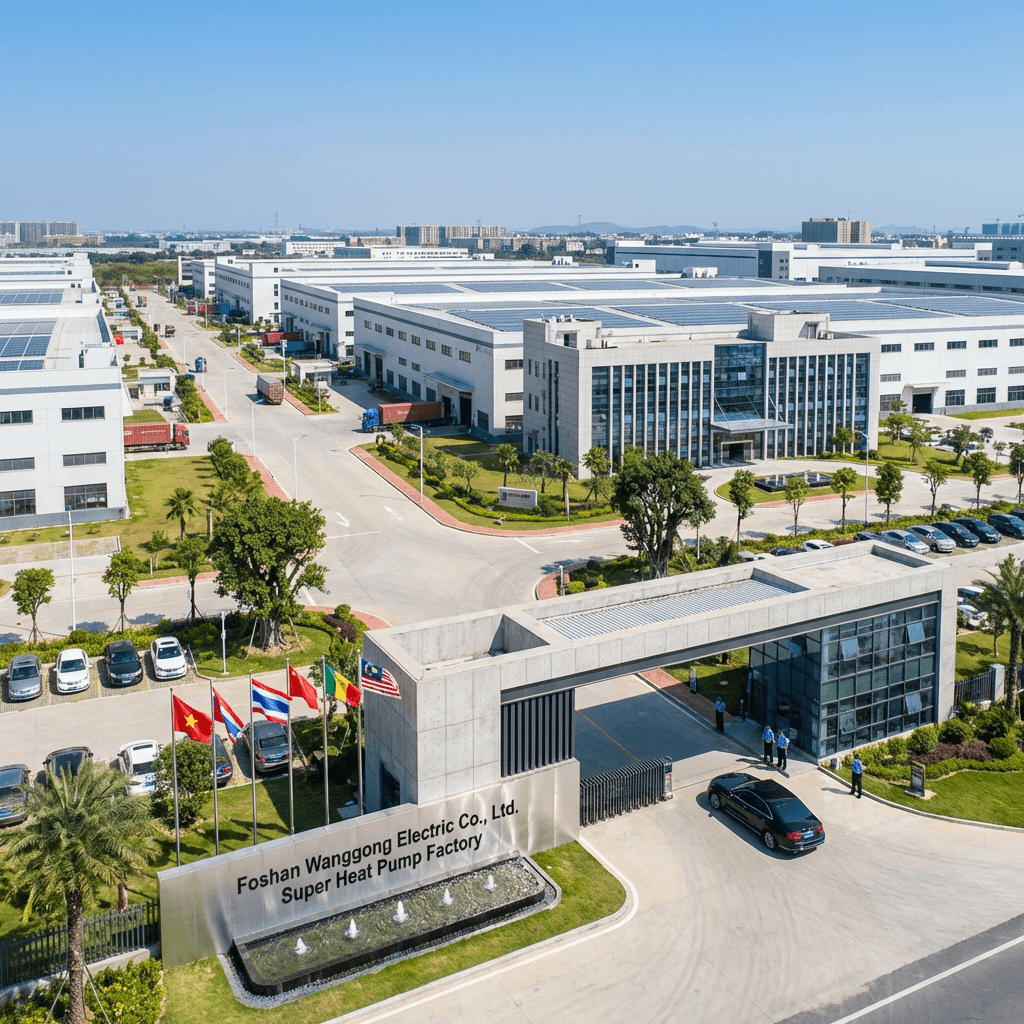 Aerial view of large scale commercial air to water heat pump manufacturing base and source factory