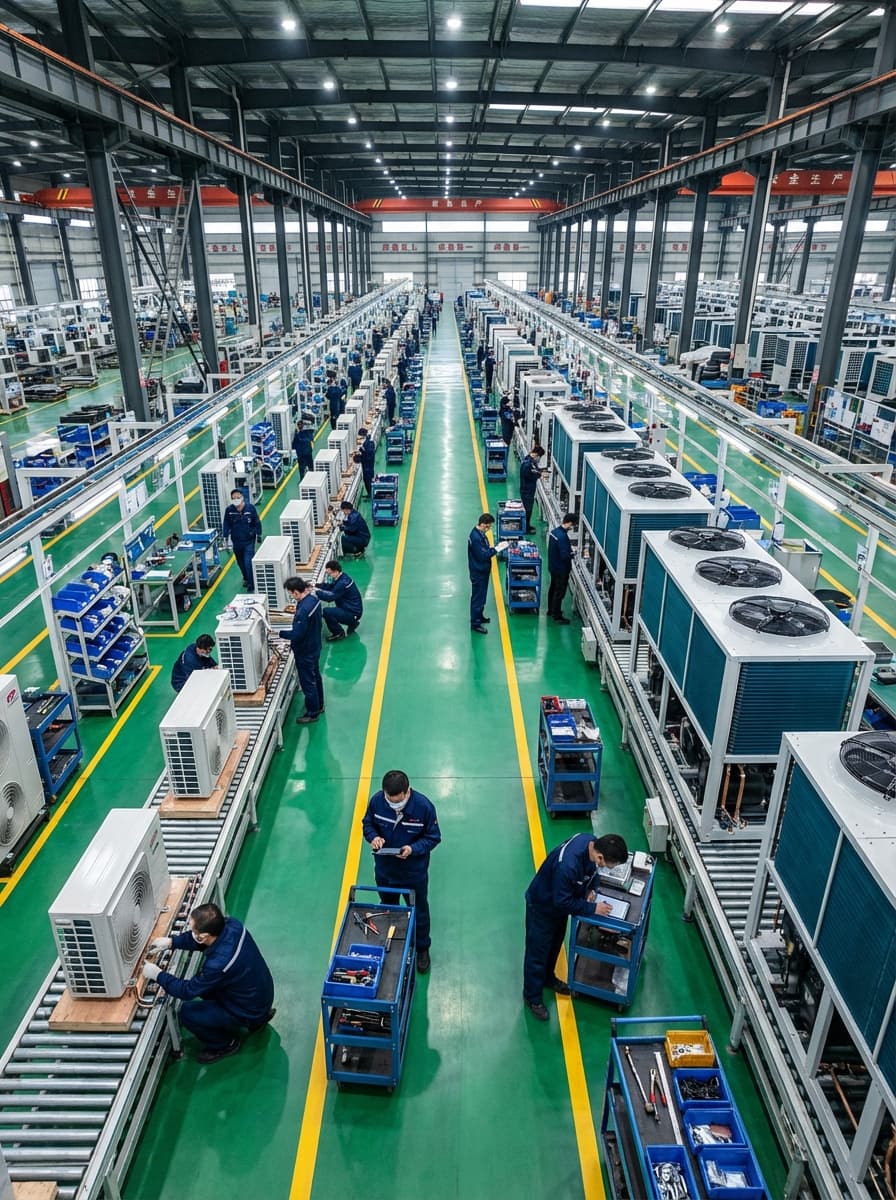 Workers assembling commercial air source heat pump units at manufacturing factory production line