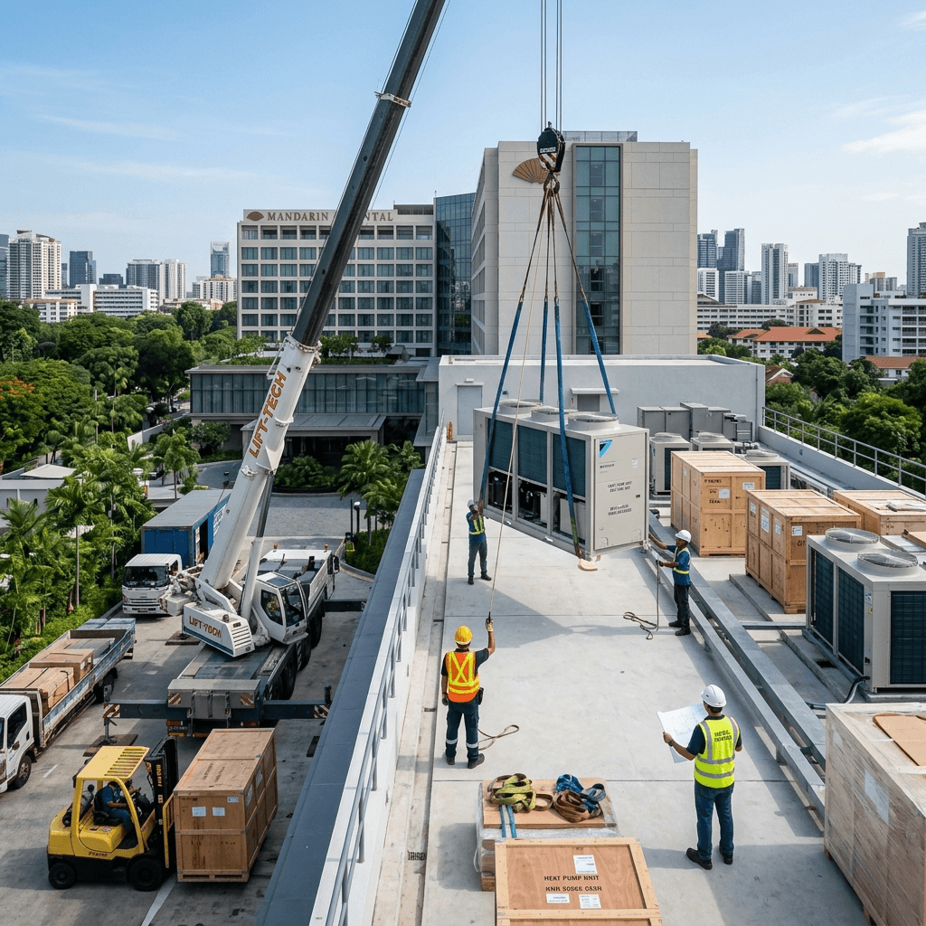 Crane lifting heavy commercial air to water heat pump unit for hotel roof hot water system installation project