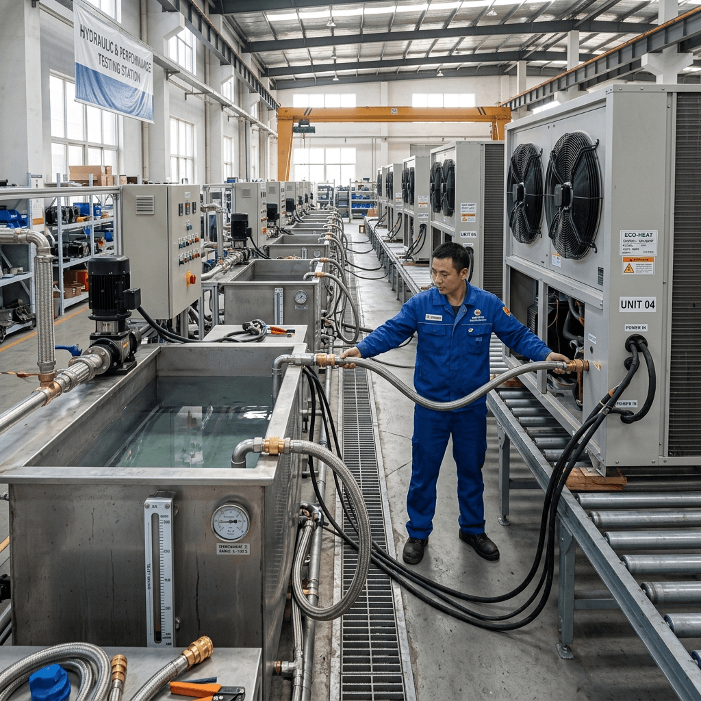 Engineer conducting hot water performance and reliability tests on commercial heat pump unit in factory laboratory