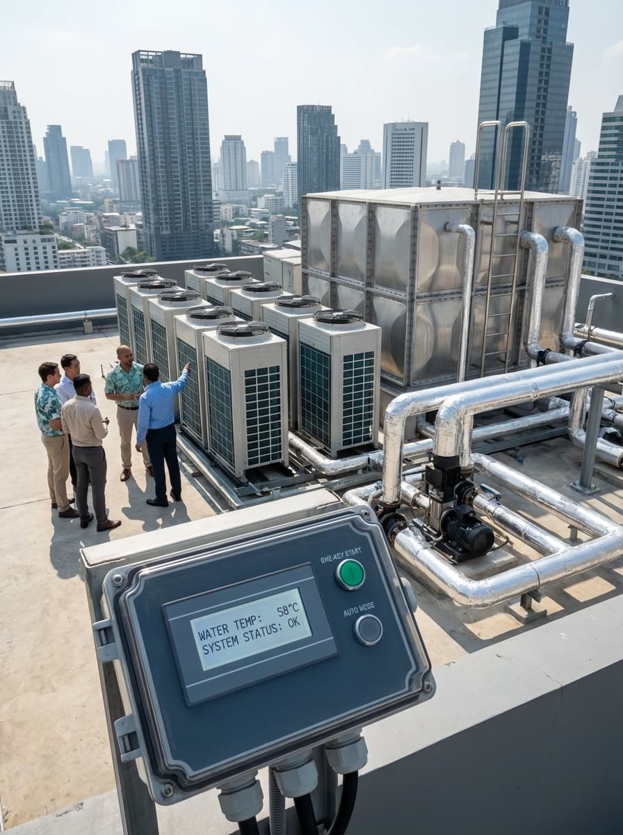 HVAC engineers inspecting commercial heat pump system and intelligent control panel on building roof