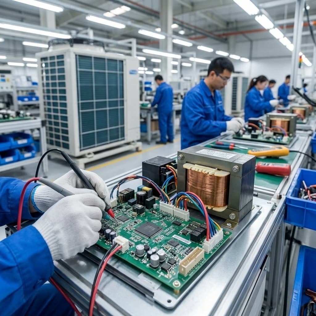 Technician performing quality control test on intelligent PCB board for commercial heat pump water heater
