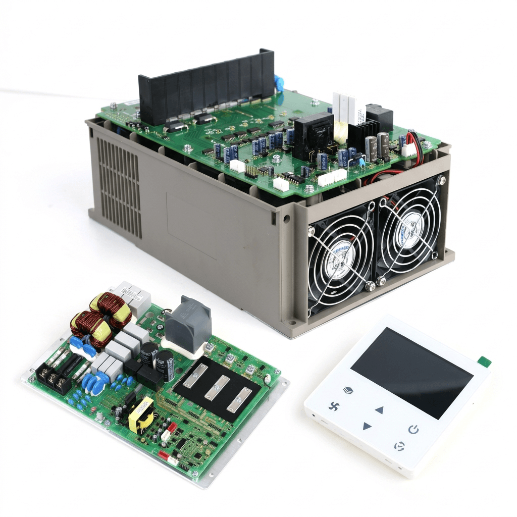 Core accessories showcase for premium commercial air to water heat pump water heater including compressor and heat exchanger