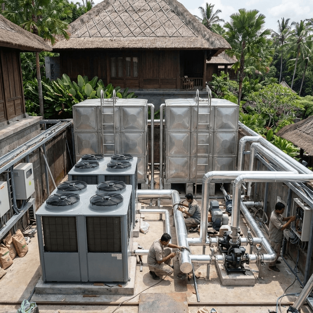 Comprehensive commercial air to water heat pump central hot water system engineering case study for large hotel resort showing machine array and vertical storage tank layout