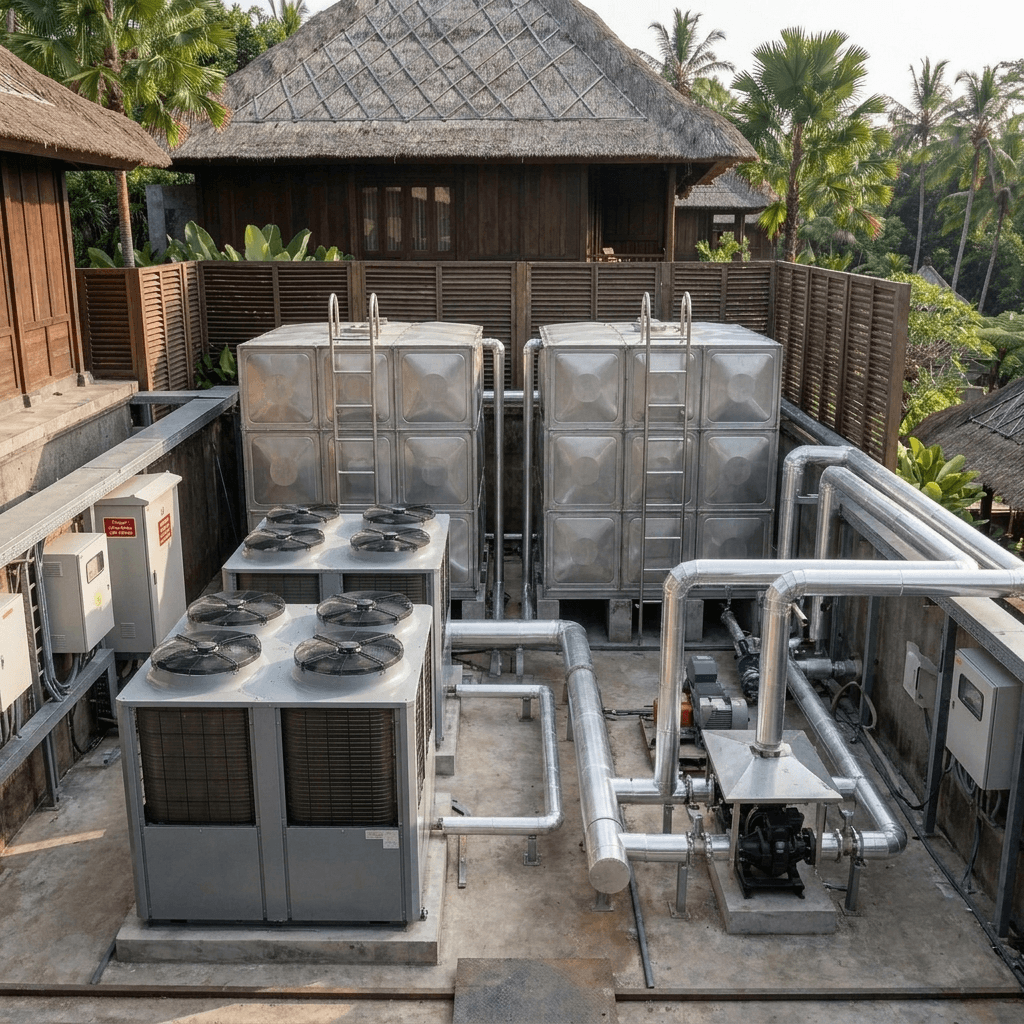 Comprehensive commercial air to water heat pump central hot water system engineering case study for large hotel resort showing machine array and vertical storage tank layout