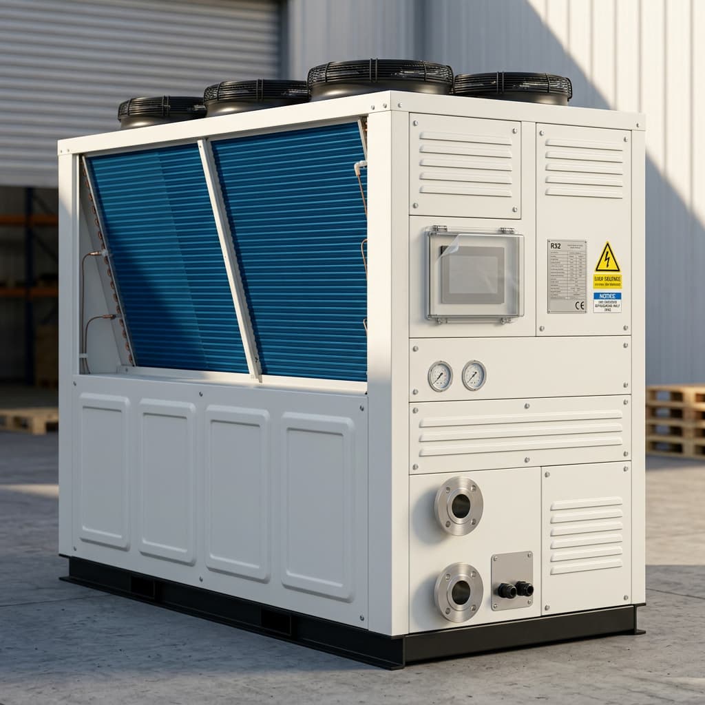 Top-discharge type inverter commercial air source heat pump units showing dual installation view