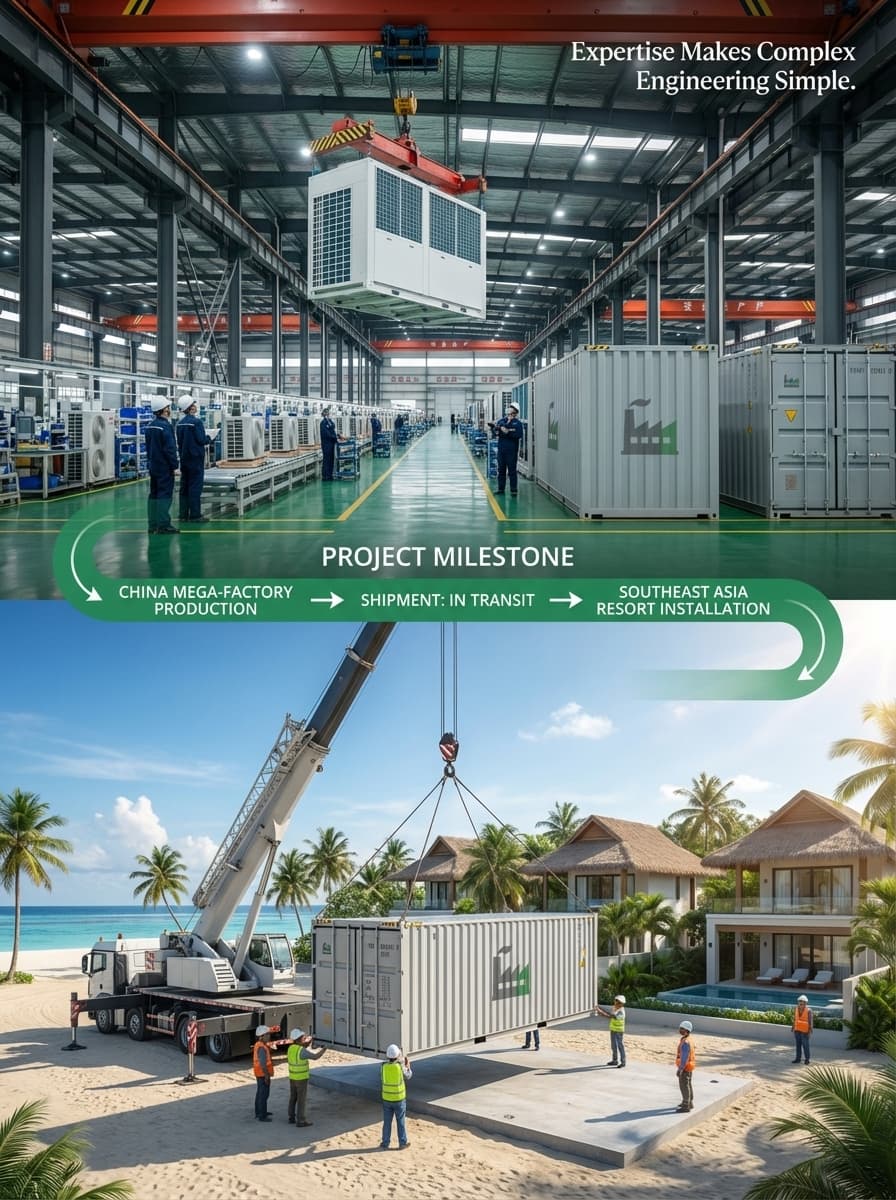 Turnkey delivery and installation of large capacity commercial air to water heat pump system for tropical resort hot water supply