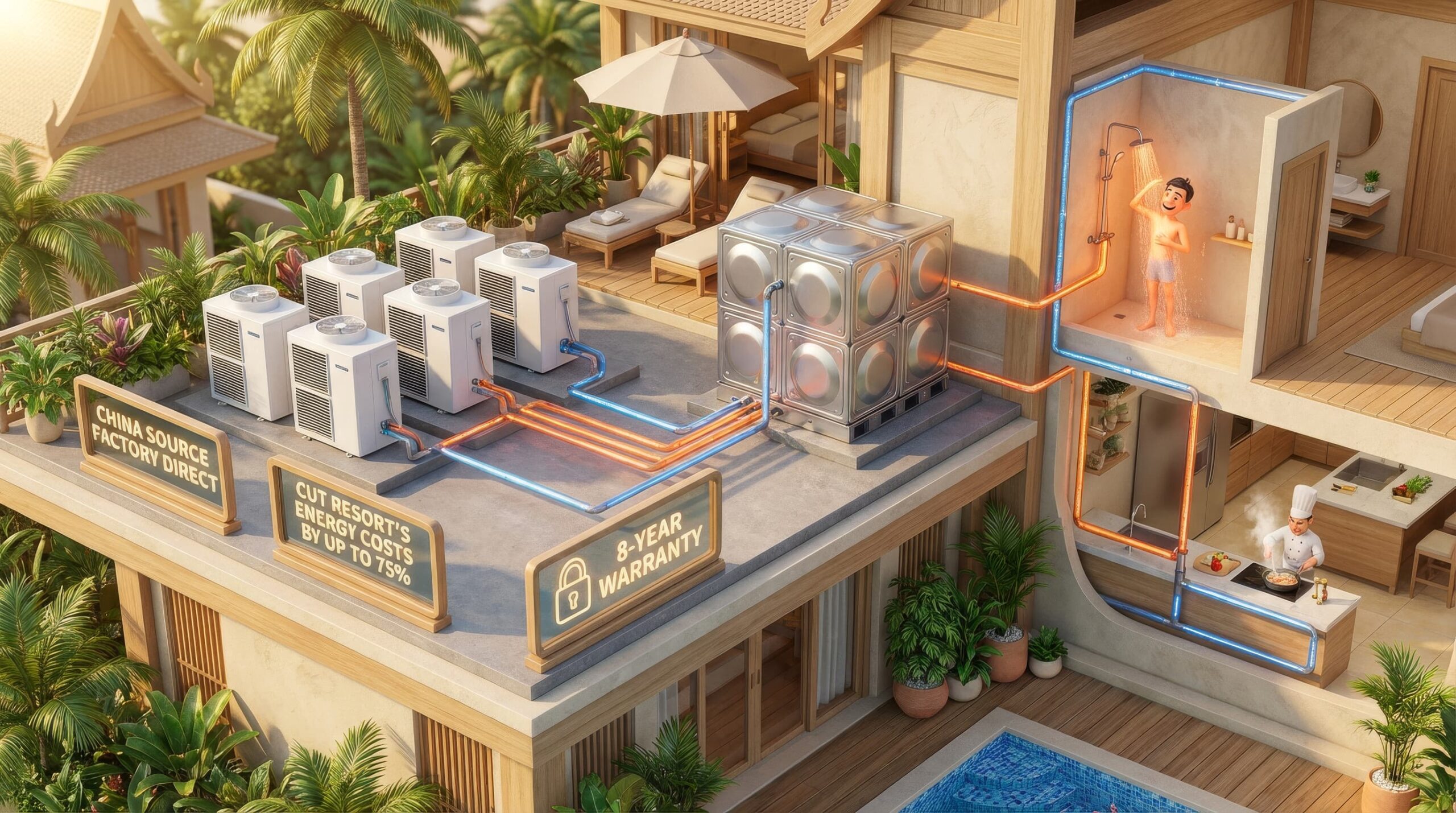 Commercial air source heat pump system installed on resort roof providing hot water for shower and swimming pool