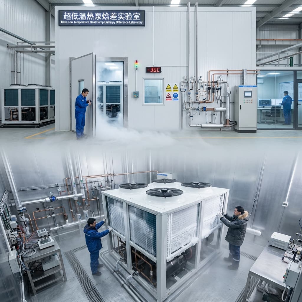 Engineers testing ultra low temperature commercial air to water heat pump performance in minus 36 degree laboratory for stable winter hot water