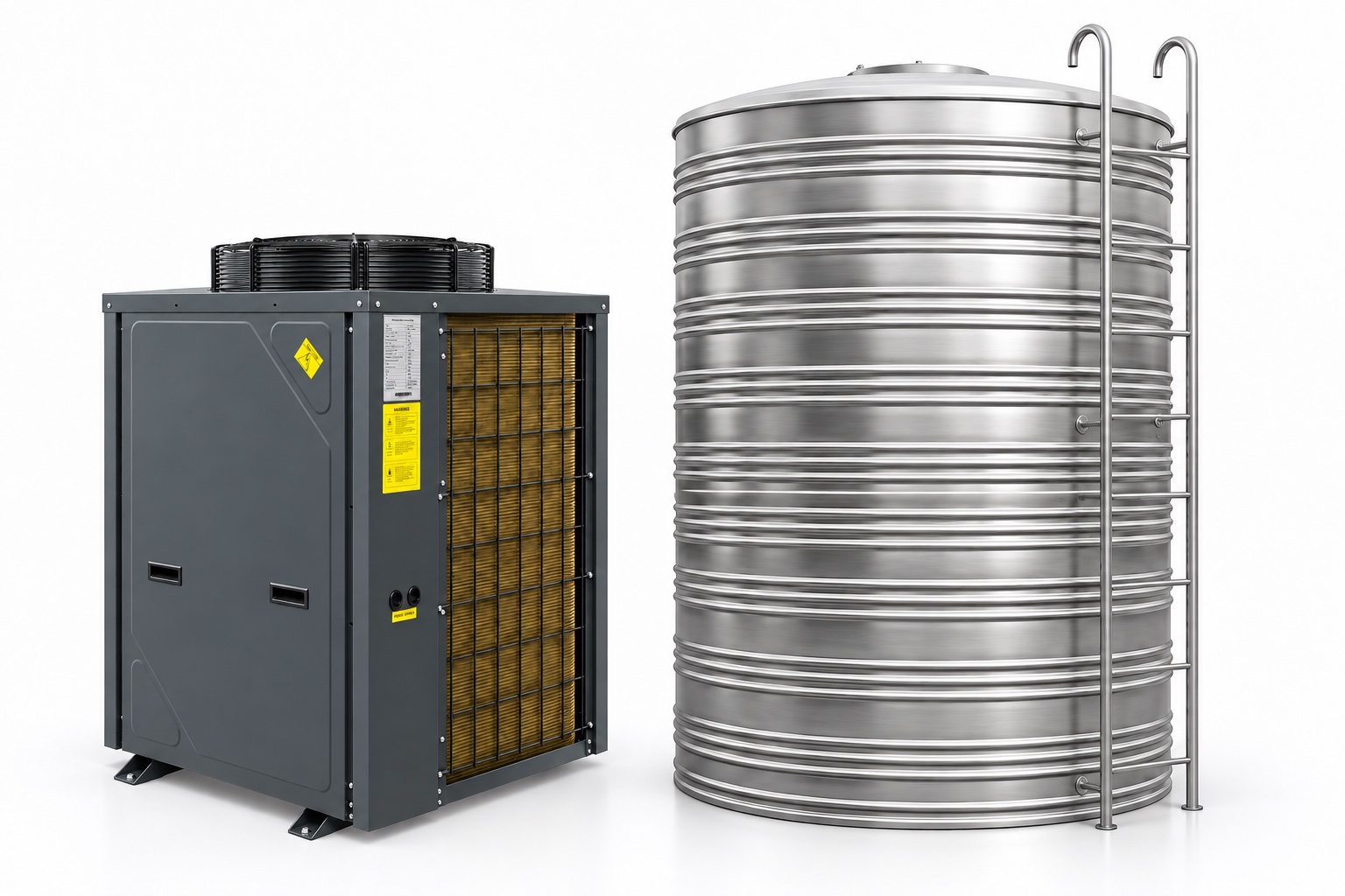 Equipment illustration: one 5 HP unbranded heat pump and one insulated water storage tank with an external ladder for the 20-room example.