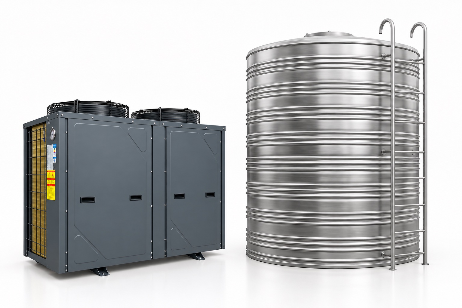 Equipment illustration: one 10 HP unbranded heat pump and one insulated water storage tank with an external ladder for the 40-room example.