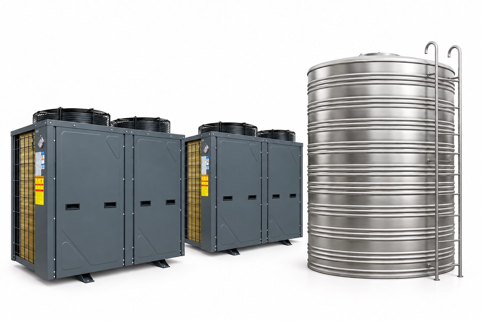 Equipment illustration: two 10 HP unbranded heat pumps and one insulated water storage tank with an external ladder for the 100-room example.