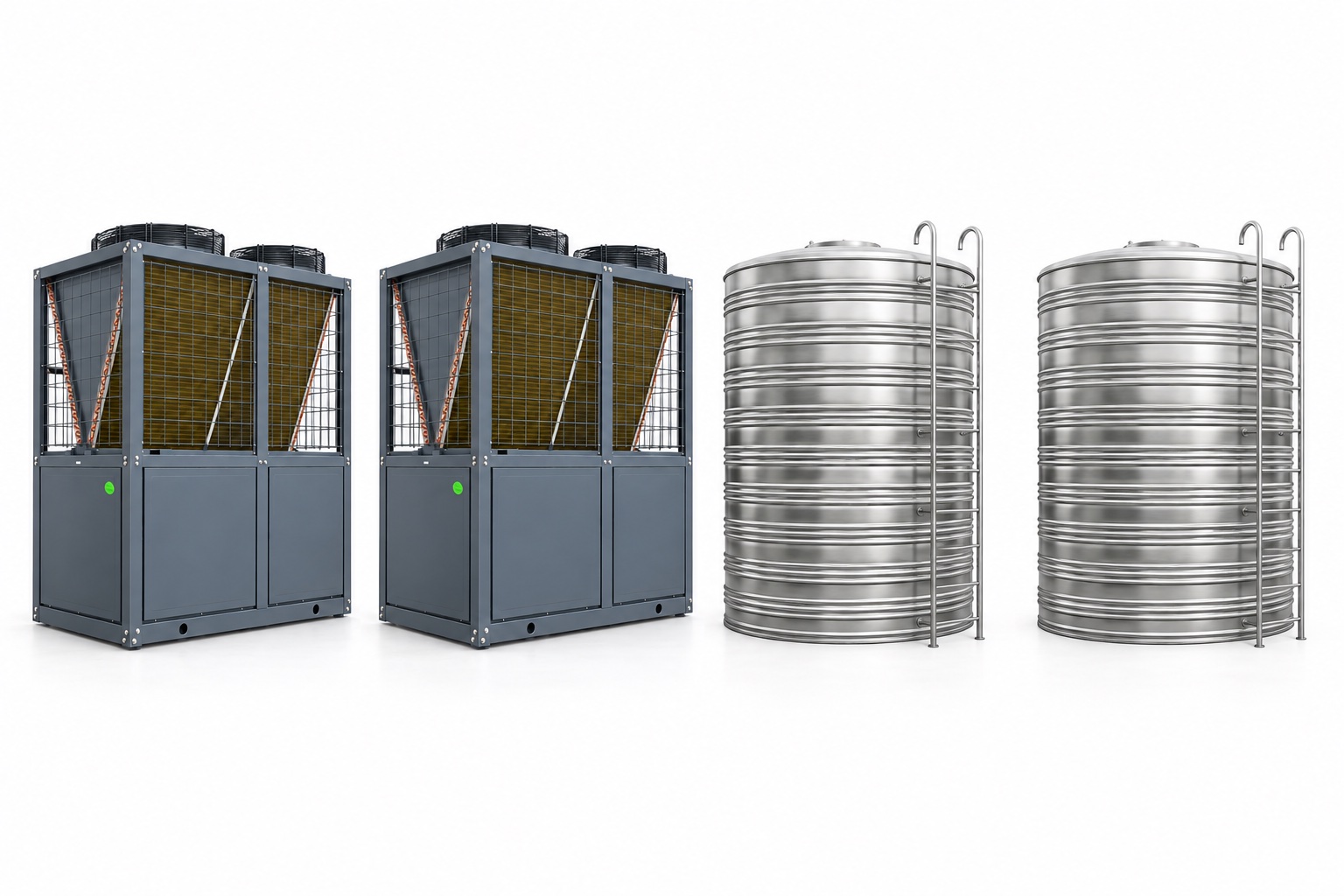 Equipment illustration: two complete unbranded 20 HP heat pumps beside two insulated water storage tanks with external ladders for the 200-room example.